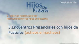 Conquistadores Pentecostales Dto.26 (2023)
HijosDe
Pastores
2. Taller de fortalecimiento
institucional en los hijos de Pastores.
Servicios Ofertados:
3.Encuentros Presenciales con hijos de
Pastores (activos e inactivos)
 
