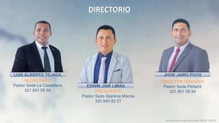DIRECTORIO
conquistadores pentecostales Dto.26 (2023)
PRESIDENTE
Pastor Sede Séptima Mocoa
320 845 83 21
EDWIN JAIR LIMAS
JHON JAIRO PUYO
DIRECTOR FINANZAS
Pastor Sede Peñarol
321 801 59 34
LUIS ALBERTO TEJADA
SECRETARIO
Pastor Sede La Castellana
321 801 59 54
 