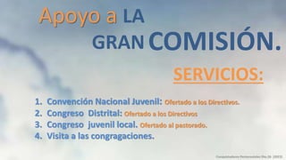 Apoyo a LA
GRAN
1. Convención Nacional Juvenil: Ofertado a los Directivos.
2. Congreso Distrital: Ofertado a los Directivos
3. Congreso juvenil local. Ofertado al pastorado.
4. Visita a las congragaciones.
COMISIÓN.
Conquistadores Pentecostales Dto.26 (2023)
SERVICIOS:
 