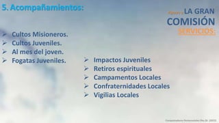 Apoyo a LA GRAN
5. Acompañamientos:
 Impactos Juveniles
 Retiros espirituales
 Campamentos Locales
 Confraternidades Locales
 Vigilias Locales
 Cultos Misioneros.
 Cultos Juveniles.
 Al mes del joven.
 Fogatas Juveniles.
COMISIÓN
Conquistadores Pentecostales Dto.26 (2023)
SERVICIOS:
 