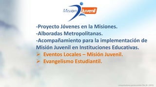 -Proyecto Jóvenes en la Misiones.
-Alboradas Metropolitanas.
-Acompañamiento para la implementación de
Misión Juvenil en Instituciones Educativas.
 Eventos Locales – Misión Juvenil.
 Evangelismo Estudiantil.
conquistadores pentecostales Dto.26 (2023)
 