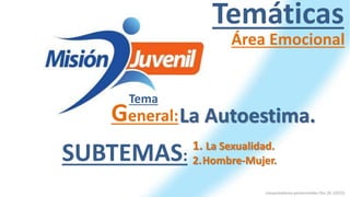 conquistadores pentecostales Dto.26 (2023)
Temáticas
Tema
Área Emocional
1. La Sexualidad.
2.Hombre-Mujer.
General:La Autoestima.
SUBTEMAS:
 
