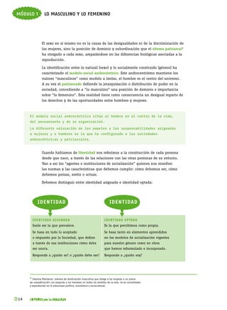 módulo 1          lo masculino y lo femenino



                El sexo en sí mismo no es la causa de las desigualdades ni de la discriminación de
                las mujeres, sino la posición de dominio y subordinación que el sitema patriarcalB
                ha otorgado a cada sexo, amparándose en las diferencias biológicas asociadas a la
                reproducción.

                La identificación entre lo natural (sexo) y lo socialmente construido (género) ha
                caracterizado el modelo social androcéntrico. Este androcentrismo mantiene los
                valores “masculinos” como modelo a imitar, el hombre es el centro del universo.
                A su vez el patriarcado defiende la jerarquización o distribución de poder en la
                sociedad, concediendo a “lo masculino” una posición de dominio e importancia
                sobre “lo femenino”. Esta realidad tiene como consecuencia un desigual reparto de
                los derechos y de las oportunidades entre hombres y mujeres.



      El modelo social androcéntrico sitúa al hombre en el centro de la vida,
      del pensamiento y de su organización.

      La diferente valoración de los papeles y las responsabilidades asignadas
      a mujeres y a hombres es la que ha configurado a las sociedades
      androcéntricas y patriarcales.


                Cuando hablamos de Identidad nos referimos a la construcción de cada persona
                desde que nace, a través de las relaciones con las otras personas de su entorno.
                Van a ser los “agentes o instituciones de socialización” quienes nos enseñen
                las normas y las características que debemos cumplir: cómo debemos ser, cómo
                debemos pensar, sentir o actuar.

                Debemos distinguir entre identidad asignada e identidad optada:




            I D ENT I DA D                                               IDENT IDAD

                    S
        IDENT I DAD ASIG N ADA
                                                                                 S
                                                                     I D E NT I DA D O PTA DA
        Suele ser la que prevalece.                                  Es la que percibimos como propia.
        Se basa en todo lo aceptado                                  Se basa tanto en elementos aprendidos
        o impuesto por la Sociedad, que define                       en los modelos de socialización vigentes
        a través de sus instituciones cómo debe                      para nuestro género como en otros
        ser uno/a.                                                   que hemos reformulado e incorporado.
        Responde a ¿quién es? o ¿quién debe ser?                     Responde a ¿quién soy?




      B Sistema Patriarcal: sistema de dominación masculina que relega a las mujeres a un plano
      de subordinación con respecto a los hombres en todos los ámbitos de la vida. Se ve consolidado
      y reproducido en la estructura política, económica y sociocultural.




k 
 14   JÓVENES por la IGUALDAD
 