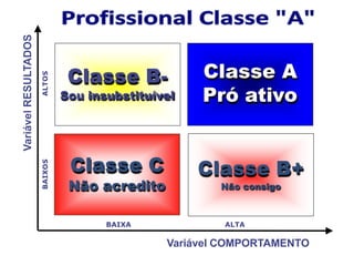 Classe C
Não acredito
Classe A
Pró ativo
Classe B-
Sou insubstituível
BAIXA ALTA
Variável COMPORTAMENTO
Classe B+
Não consigo
 