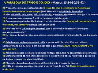 A PARÁBOLA DO TRIGO E DO JOIO (Mateus 13:24-30;36-42 )
24 Propôs-lhes outra parábola, dizendo: O reino dos céus é semelhante ao homem que
semeia a boa semente no seu campo; (BOA SEMENTE – Parábola do Semeador)
25 Mas, dormindo os homens, veio o seu inimigo, e semeou joio no meio do trigo, e retirou-se.
26 E, quando a erva cresceu e frutificou, apareceu também o joio.
27 E os servos do pai de família, indo ter com ele, disseram-lhe: Senhor, não semeaste tu, no
teu campo, boa semente? Por que tem, então, joio?
28 E ele lhes disse: Um inimigo é quem fez isso. E os servos lhe disseram: Queres pois
que vamos arrancá-lo?
29 Ele, porém, lhes disse: Não; para que ao colher o joio, não arranqueis também o trigo com
ele.
30 Deixai crescer ambos juntos até à ceifa; e, por ocasião da ceifa, direi aos ceifeiros:
Colhei primeiro o joio, e atai-o em molhos para o queimar; MAS, O TRIGO, AJUNTAI-O NO
MEU CELEIRO.
40 Assim como o joio é colhido e queimado no fogo, assim será na consumação deste mundo.
41 Mandará o Filho do homem os seus anjos, e eles colherão do seu reino tudo o que causa
escândalo, e os que cometem iniqüidade.
42 E lançá-los-ão na fornalha de fogo; ali haverá pranto e ranger de dentes.
43 Então os justos resplandecerão como o sol, no reino de seu Pai. Quem tem ouvidos para
ouvir, ouça.
 