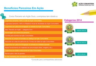 Benefícios Parceiros Em Ação
Logomarca tamanho 100% no site da Ação Comunitária
Logomarca tamanho 100% no Relatório Anual de Atividades da Ação Comunitária
Logomarca em placa de divulgação na entrada da Ação Comunitária
Selo “Parceiro em Ação” – categoria Ouro
Homenagem em evento de parceiros
Convite para eventos da Ação Comunitária
Desconto na compra de brindes do catálogo da Ação Comunitária
Desconto em cotas de patrocínio do Torneio de Golfe da Ação Comunitária
Logomarca em placa de divulgação na entrada da entidade apoiada
Apoio/ fornecimento em materiais de comunicação (fotos, imagens, etc.)
Logomarca em folder institucional da Ação Comunitária
Banner para o site do parceiro
E-mail marketing para divulgação da parceria
Como Parceiro em Ação Ouro, a empresa tem direito a:
+R$350.000,00
+R$150.000,00
+R$15.000,00
Categorias 2014
*Consulte para contrapartidas adicionais
 