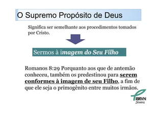 O Supremo Propósito de Deus
    p        p
  Significa ser semelhante aos procedimentos tomados
  por C i t
      Cristo.



    Sermos à imagem do Seu Filho

 Romanos 8:29 Porquanto aos que de antemão
               9    q          q
 conheceu, também os predestinou para serem
 conformes à imagem de seu Filho, a fim de
                     g                  ,
 que ele seja o primogênito entre muitos irmãos.

                                                   Jovens
 