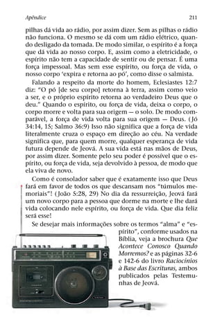 ˆ
Apendice                                                                                                   211
                   ´               ´                                                                      ´
pilhas da vida ao radio, por assim dizer. Sem as pilhas o radio
    ˜                                              ´                         ´           ´
nao funciona. O mesmo se da com um radio eletrico, quan-
                                                                                       ´          ´
do desligado da tomada. De modo similar, o espırito e a forca                                               ¸
                 ´
que da vida ao nosso corpo. E, assim como a eletricidade, o                                         ´
             ´           ˜
espırito nao tem a capacidade de sentir ou de pensar. E uma
                                                                 ´
forca impessoal. Mas sem esse espırito, ou forca de vida, o
           ¸                                                                           ¸
                                                               ´
nosso corpo ‘expira e retorna ao po’, como disse o salmista.
      Falando a respeito da morte do homem, Eclesiastes 12:7
                       ´                                           `
diz: “O po [de seu corpo] retorna a terra, assim como veio
                           ´           ´
a ser, e o proprio espırito retorna ao verdadeiro Deus que o
                                     ´
deu.” Quando o espırito, ou forca de vida, deixa o corpo, o
                                                     ¸
corpo morre e volta para sua origem — o solo. De modo com-
               ´                                                                                              ´
paravel, a forca de vida volta para sua origem — Deus. ( Jo
                                 ¸
                                                 ˜
34:14, 15; Salmo 36:9) Isso nao significa que a forca de vida                                   ¸
                                                                       ˜         ´
literalmente cruza o espaco em direc¸ ao ao ceu. Na verdade
                                             ¸
significa que, para quem morre, qualquer esperanca de vida                                     ¸
                                         ´                                 ´             ˜
futura depende de Jeova. A sua vida esta nas maos de Deus,
                                                                               ´     ´
por assim dizer. Somente pelo seu poder e possıvel que o es-
  ´                                                                      `
pırito, ou forca de vida, seja devolvido a pessoa, de modo que
                             ¸
ela viva de novo.
                     ´                                 ´
      Como e consolador saber que e exatamente isso que Deus
       ´                                                                                   ´
fara em favor de todos os que descansam nos “tumulos me-
                               ˜                                                   ˜                  ´         ´
moriais”! ( Joao 5:28, 29) No dia da ressurreic¸ ao, Jeova fara
                                                                                                                ´
um novo corpo para a pessoa que dorme na morte e lhe dara
                                           ´
vida colocando nele espırito, ou forca de vida. Que dia feliz        ¸
         ´
sera esse!
                                               ˜
      Se desejar mais informac¸ oes sobre os termos “alma” e “es-
                                                           ´
                                                     pırito”, conforme usados na
                                                             ´
                                                     Bıblia, veja a brochura Que
                                                     Acontece Conosco Quando
                                                                                             ´
                                                     Morremos? e as paginas 32-6
                                                                                                        ´
                                                     e 142-6 do livro Raciocınios
                                                         `
                                                     a Base das Escrituras, ambos
                                                     publicados pelas Testemu-
                                                                                 ´
                                                     nhas de Jeova.
 