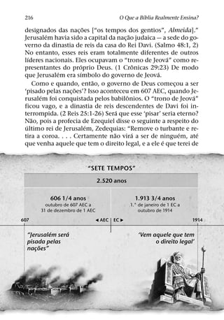 ´
 216                                    O Que a Bıblia Realmente Ensina?
                          ˜
 designados das nac¸ oes [“os tempos dos gentios”, Almeida].”
            ´                             ˜
 Jerusalem havia sido a capital da nac¸ ao judaica — a sede do go-
 verno da dinastia de reis da casa do Rei Davi. (Salmo 48:1, 2)
 No entanto, esses reis eram totalmente diferentes de outros
    ´                                                  ´
 lıderes nacionais. Eles ocupavam o “trono de Jeova” como re-
                       ´                      ˆ
 presentantes do proprio Deus. (1 Cronicas 29:23) De modo
                ´       ´                          ´
 que Jerusalem era sımbolo do governo de Jeova.
                              ˜
        Como e quando, entao, o governo de Deus comecou a ser
                                                         ¸
                     ˜
 ‘pisado pelas nac¸ oes’? Isso aconteceu em 607 AEC, quando Je-
          ´                             ˆ                       ´
 rusalem foi conquistada pelos babilonios. O “trono de Jeova”
 ficou vago, e a dinastia de reis descendentes de Davi foi in-
                                      ´
 terrompida. (2 Reis 25:1-26) Sera que esse ‘pisar’ seria eterno?
      ˜
 Nao, pois a profecia de Ezequiel disse o seguinte a respeito do
  ´                         ´
 ultimo rei de Jerusalem, Zedequias: “Remove o turbante e re-
                                    ˜       ´              ´      ´
 tira a coroa. . . . Certamente nao vira a ser de ninguem, ate
                                                     ´
 que venha aquele que tem o direito legal, e a ele e que terei de


                          “SETE TEMPOS”
                                 2.520 anos

          606 1/4 anos                          1.913 3/4 anos
         outubro de 607 AEC a                 1.° de janeiro de 1 EC a
       31 de dezembro de 1 AEC                    outubro de 1914
607                          & AEC    EC )                               1914

           ´     ´
  “Jerusalem sera                                ‘Vem aquele que tem
  pisada pelas                                         o direito legal’
       ˜
  nacoes”
     ¸
 