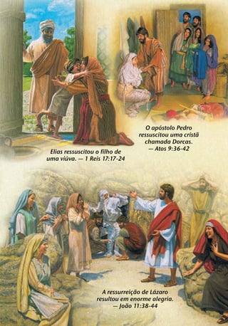 ´
                                   O apostolo Pedro
                                                      ˜
                                ressuscitou uma crista
                                  chamada Dorcas.
                                    — Atos 9:36-42
 Elias ressuscitou o filho de
        ´
uma viuva. — 1 Reis 17:17-24




                                 ˜      ´
                    A ressurreicao de Lazaro
                               ¸
                  resultou em enorme alegria.
                             ˜
                        — Joao 11:38-44
 