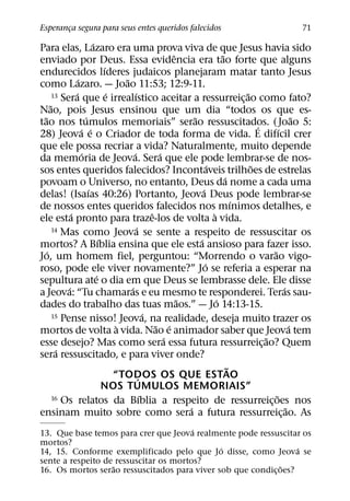 Esperanca segura para seus entes queridos falecidos
       ¸                                                                                                         71
                            ´
Para elas, Lazaro era uma prova viva de que Jesus havia sido
                                                                ˆ                   ˜
enviado por Deus. Essa evidencia era tao forte que alguns
                                  ´
endurecidos lıderes judaicos planejaram matar tanto Jesus
                   ´                     ˜
como Lazaro. — Joao 11:53; 12:9-11.
                 ´                  ´          ´
        13 Sera que e irrealıstico aceitar a ressurreicao como fato?                          ˜
                                                                                            ¸
      ˜
Nao, pois Jesus ensinou que um dia “todos os que es-
  ˜                     ´                                             ˜                                             ˜
tao nos tumulos memoriais” serao ressuscitados. ( Joao 5:                                         ´
                     ´ ´                                                                                    ´
28) Jeova e o Criador de toda forma de vida. E difıcil crer
que ele possa recriar a vida? Naturalmente, muito depende
                      ´                      ´              ´
da memoria de Jeova. Sera que ele pode lembrar-se de nos-
                                                                              ´                 ˜
sos entes queridos falecidos? Incontaveis trilhoes de estrelas
                                                                                      ´
povoam o Universo, no entanto, Deus da nome a cada uma
                          ´                                               ´
delas! (Isaıas 40:26) Portanto, Jeova Deus pode lembrar-se
                                                                                          ´
de nossos entes queridos falecidos nos mınimos detalhes, e
               ´                                         ˆ                      `
ele esta pronto para traze-los de volta a vida.
                                                 ´
        14 Mas como Jeova se sente a respeito de ressuscitar os
                                ´                                       ´
mortos? A Bıblia ensina que ele esta ansioso para fazer isso.
    ´                                                                                                   ˜
Jo, um homem fiel, perguntou: “Morrendo o varao vigo-
                                                                            ´
roso, pode ele viver novamente?” Jo se referia a esperar na
                              ´
sepultura ate o dia em que Deus se lembrasse dele. Ele disse
             ´                             ´                                                                  ´
a Jeova: “Tu chamaras e eu mesmo te responderei. Teras sau-
                                                                  ˜               ´
dades do trabalho das tuas maos.” — Jo 14:13-15.
                                                       ´
        15 Pense nisso! Jeova, na realidade, deseja muito trazer os
                                       `                   ˜ ´                                                    ´
mortos de volta a vida. Nao e animador saber que Jeova tem
                                                              ´                                     ˜
esse desejo? Mas como sera essa futura ressurreic¸ ao? Quem
         ´
sera ressuscitado, e para viver onde?
                                                                                        ˜
                                      “TODOS OS QUE ESTAO
                                                   ´
                                  NOS TUMULOS MEMORIAIS”
                                                     ´
        16 Os relatos da Bıblia a respeito de ressurreicoes nos                                           ˜
                                                                                                      ¸
                                                                    ´                                           ˜
ensinam muito sobre como sera a futura ressurreic¸ ao. As
                                        ´
13. Que base temos para crer que Jeova realmente pode ressuscitar os
mortos?
                                              ´                   ´
14, 15. Conforme exemplificado pelo que Jo disse, como Jeova se
sente a respeito de ressuscitar os mortos?
                   ˜                                          ˜
16. Os mortos serao ressuscitados para viver sob que condic¸ oes?
 