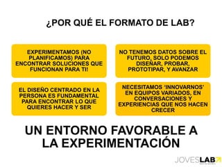 ¿POR QUÉ EL FORMATO DE LAB?
EXPERIMENTAMOS (NO
PLANIFICAMOS) PARA
ENCONTRAR SOLUCIONES QUE
FUNCIONAN PARA TI!
EL DISEÑO CENTRADO EN LA
PERSONA ES FUNDAMENTAL
PARA ENCONTRAR LO QUE
QUIERES HACER Y SER
NO TENEMOS DATOS SOBRE EL
FUTURO, SOLO PODEMOS
DISEÑAR, PROBAR,
PROTOTIPAR, Y AVANZAR
NECESITAMOS ‘INNOVARNOS’
EN EQUIPOS VARIADOS, EN
CONVERSACIONES Y
EXPERIENCIAS QUE NOS HACEN
CRECER
UN ENTORNO FAVORABLE A
LA EXPERIMENTACIÓN
 