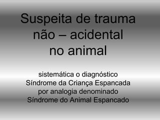 Suspeita de trauma
não – acidental
no animal
sistemática o diagnóstico
Síndrome da Criança Espancada
por analogia denominado
Síndrome do Animal Espancado
 