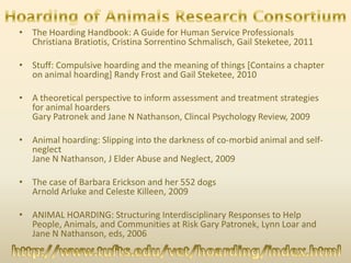 • The Hoarding Handbook: A Guide for Human Service Professionals
Christiana Bratiotis, Cristina Sorrentino Schmalisch, Gail Steketee, 2011
• Stuff: Compulsive hoarding and the meaning of things [Contains a chapter
on animal hoarding] Randy Frost and Gail Steketee, 2010
• A theoretical perspective to inform assessment and treatment strategies
for animal hoarders
Gary Patronek and Jane N Nathanson, Clincal Psychology Review, 2009
• Animal hoarding: Slipping into the darkness of co-morbid animal and self-
neglect
Jane N Nathanson, J Elder Abuse and Neglect, 2009
• The case of Barbara Erickson and her 552 dogs
Arnold Arluke and Celeste Killeen, 2009
• ANIMAL HOARDING: Structuring Interdisciplinary Responses to Help
People, Animals, and Communities at Risk Gary Patronek, Lynn Loar and
Jane N Nathanson, eds, 2006
 
