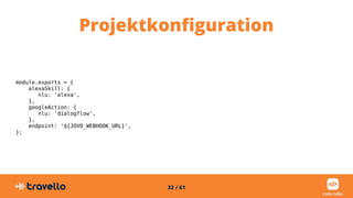 32 / 61
Projektkonfiguration
module.exports = {
alexaSkill: {
nlu: 'alexa',
},
googleAction: {
nlu: 'dialogflow',
},
endpo...