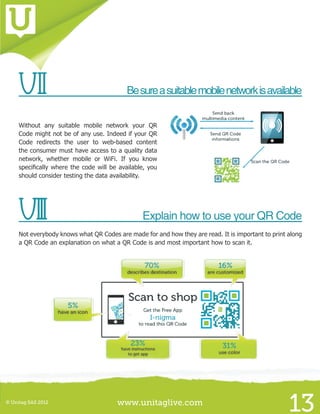 www.unitaglive.com© Unitag SAS 2012
13
VII	 Besureasuitablemobilenetworkisavailable
Without any suitable mobile network your QR
Code might not be of any use. Indeed if your QR
Code redirects the user to web-based content
the consumer must have access to a quality data
network, whether mobile or WiFi. If you know
specifically where the code will be available, you
should consider testing the data availability.
VIII	 Explain how to use your QR Code
Not everybody knows what QR Codes are made for and how they are read. It is important to print along
a QR Code an explanation on what a QR Code is and most important how to scan it.
 