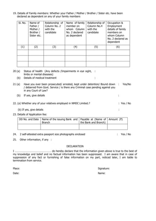 19. Details of Family members: Whether your Father / Mother / Brother / Sister etc. have been
declared as dependent on any of your family members
Sl. No. Name of
Father /
Mother /
Brother /
Sister etc.
Relationship of
Column No. 2
with the
candidate
Name of family
member on
whom Column
No. 2 declared
as dependent
Relationship of
Column No.4
with the
candidate
Occupation &
Employment
details of family
members on
whom Column
No. 2 declared as
dependent
(1) (2) (3) (4) (5) (6)
20 (a) Status of health (Any defects /Impairments in eye sight,
limbs or mental diseases)
:
(b) Details of medical treatment :
21 (a) Have you ever been prosecuted/ arrested, kept under detention/ Bound down
/ debarred from Govt. Service / is there any Criminal case pending against you
in any Court of Law?
: Yes/No
(b) If yes, give details :
22. (a) Whether any of your relatives employed in NMDC Limited.? : Yes / No
(b) If yes, give details :
23. Details of Application fee:
DD No. and Date Name of the issuing Bank and
Branch
Payable at (Name of
the Bank and Branch)
Amount (`)
24. 2 self-attested extra passport size photographs enclosed : Yes / No
25. Other information, if any :
DECLARATION
I …………………………………………… do hereby declare that the information given above is true to the best of
my knowledge and belief and no factual information has been suppressed. I am aware that in case of
suppression of any fact or furnishing of false information on my part, noticed later, I am liable to
termination from service.
Place: Signature:
Date: Name:
 
