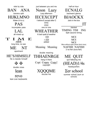side by side      just between you and me                half an hour

BAN ANA                Noon Lazy                         ECNALG
    banana split            Lazy afternoon                 backward glance

HIJKLMNO               IECEXCEPT                       BJAOCKX
    Water (h to o)      I before E except after C            Jack in the box
                                 ONE
      PAS                        ONE                __________IT
  Incomplete pass             one on one                         blanket
                                                    TIMING TIM                  ING
      LAL              WHEATHER                           Split second timing
     all mixed up       A bad spell of weather
                                   ED                             MCE
                                 + ED                             MCE
       ABDE                      added                            MCE
  long time, no see                                 Mice without eyes (three blind mice)
                       Meaning Meaning                NAFISH NAFISH
 ME           NT                                          2 na fish (tuna fish)
     apartment
                           double meaning

HE’S/HIMSELF THHAENRGE                                  ME QUIT
 He is beside himself        hang in there                 quit following me

                     Copi Coppy Copy!
                               copyright              (HEAD)1/4s
                                                             headquarters
    double cross

      lean              XQQQME                           Σer school
                              excuse me
      revo                                             summer school (sum er
                                                             school)
 lean over backwards
 