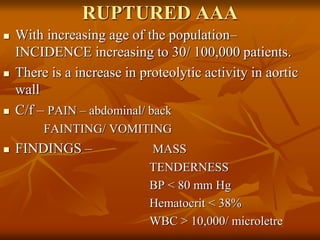 RUPTURED AAA
 With increasing age of the population–
INCIDENCE increasing to 30/ 100,000 patients.
 There is a increase in proteolytic activity in aortic
wall
 C/f – PAIN – abdominal/ back
FAINTING/ VOMITING
 FINDINGS – MASS
TENDERNESS
BP < 80 mm Hg
Hematocrit < 38%
WBC > 10,000/ microletre
 