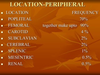 LOCATION-PERIPHERAL
 LOCATION FREQUENCY
 POPLITEAL 70%
 FEMORAL together make upto 90%
 CAROTID 4 %
 SUBCLAVIAN 2%
 CEREBRAL 2%
 SPLENIC 1%
 MESENTRIC 0.5%
 RENAL 0.5%
 