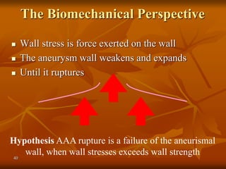 40
The Biomechanical Perspective
 Wall stress is force exerted on the wall
 The aneurysm wall weakens and expands
 Until it ruptures
Hypothesis AAA rupture is a failure of the aneurismal
wall, when wall stresses exceeds wall strength
 