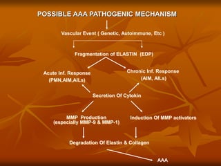 POSSIBLE AAA PATHOGENIC MECHANISM
AAA
Degradation Of Elastin & Collagen
MMP Production
(especially MMP-9 & MMP-1)
Induction Of MMP activators
Secretion Of Cytokin
Chronic Inf. Response
(AIM, AILs)
Acute Inf. Response
(PMN,AIM,AILs)
Fragmentation of ELASTIN (EDP)
Vascular Event ( Genetic, Autoimmune, Etc )
 