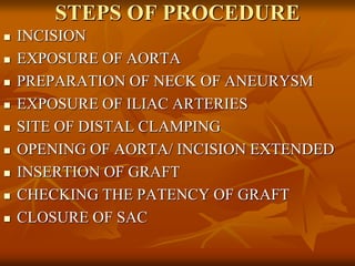 STEPS OF PROCEDURE
 INCISION
 EXPOSURE OF AORTA
 PREPARATION OF NECK OF ANEURYSM
 EXPOSURE OF ILIAC ARTERIES
 SITE OF DISTAL CLAMPING
 OPENING OF AORTA/ INCISION EXTENDED
 INSERTION OF GRAFT
 CHECKING THE PATENCY OF GRAFT
 CLOSURE OF SAC
 