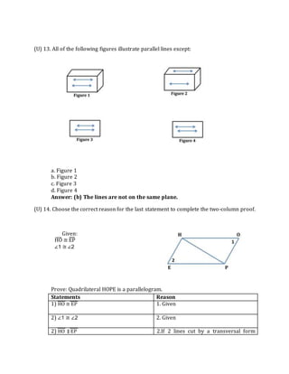 (U) 13. All of the following figures illustrate parallel lines except:
a. Figure 1
b. Figure 2
c. Figure 3
d. Figure 4
Answer: (b) The lines are not on the same plane.
(U) 14. Choose the correct reason for the last statement to complete the two-column proof.
Prove: Quadrilateral HOPE is a parallelogram.
Statements Reason
1) HO ≅ EP 1. Given
2) ∠1 ≅ ∠2 2. Given
2) HO ∥ EP 2. 2.If 2 lines cut by a transversal form
Given:
HO ≅ EP
∠1 ≅ ∠2
 