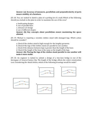 Answer: (a) Accuracy of measures, parallelism and perpendicularity of parts
ensure stability of a furniture.
(P) 18. You are tasked to sketch a plan of a parking lot of a mall. Which of the following
should you include in the plan in order to maximize the use of the area?
a. landscaping designs
b. use of parallel lines
c. entrance art design
d. use of different shapes
Answer: (b) Key concepts about parallelism ensure maximizing the space
allotted.
(P) 19. Michael is repairing a wooden clothes stand with damaged legs. Which action
should he consider?
a. Check if the clothes stand is high enough for the lengthy garments.
b. Check if the legs of the clothes stand are parallel to one another.
c. Check if the distance between legs is greater than the length of the base.
d. Check if the length of the base is the same as the length of the legs.
Answer: (b) Placing the legs of the clothes stand parallel to one another will
make it more stable.
(P) 20. An engineer is tasked to submit a design of a two-lane bridge in one of the
barangays of General Santos City. The length of the bridge affects the entire construction
cost. Considering the sketch below, which of the following drawings would he make?
 