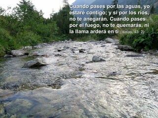 Cuando pases por las aguas, yo estaré contigo; y si por los ríos, no te anegarán. Cuando pases por el fuego, no te quemarás, ni la llama arderá en ti  (Isaías, 43: 2) 