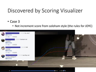 Discovered by Scoring Visualizer
• Case 3
• Not increment score from soloham style (the rules for JOYC)
 