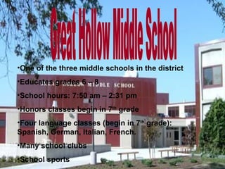 Great Hollow Middle School One of the three middle schools in the district Educates grades 6 – 8 School hours: 7:50 am – 2:31 pm Honors classes begin in 7 th  grade Four language classes (begin in 7 th  grade): Spanish, German, Italian, French. Many school clubs School sports 