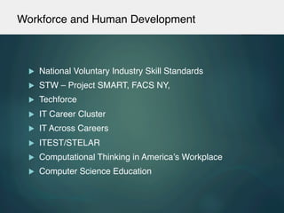 Workforce and Human Development!
u  National Voluntary Industry Skill Standards!
u  STW – Project SMART, FACS NY, !
u  ...