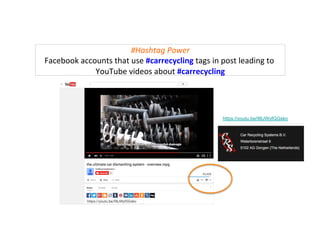 #Hashtag	
  Power	
  
Facebook	
  accounts	
  that	
  use	
  #carrecycling	
  tags	
  in	
  post	
  leading	
  to	
  
YouTube	
  videos	
  about	
  #carrecycling	
  
https://youtu.be/98JWyfGGsko
 