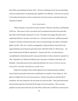  
	
  
29	
  
their efforts succeed (Kanter & Paine, 2012). The task of defining activism success and finding
criteria for measurement is an important task, regardless of its difficulty. In the next two sections
I will explore the literatures on the two dimensions of activism success, goal achievement and
realization of benefit.
GOAL ACHIEVEMENT
“What constitutes a successful movement outcome?” Burstein, Einwohner, and Hollander
(1995) ask. Their answer is that “movements may be considered successful to the extent that
they achieve their formally stated goals” (p. 282). The authors also suggest that goals can be
empirically defined as “formally stated objectives” and may be observed in “publicly presented
in speech or writing to nonmovement actors such as movement targets, the media, or bystander
publics” (p 282). This view is intuitive and appealing. Salmon & Murray-Jones (2013) also
suggest defining success based on goal achievement, which they define as “effectiveness… the
ratio of achievements divided by expectations.” Based on this ratio, “an achievement or
accomplishment is deemed successful or unsuccessful relative to what is desired or expected” (p.
100). Expectation is to Salmon and Murray-Jones what goal is to Burstein, Einwohner, and
Hollander. Goal achievement may be empirically defined as the extent to which an outcome
enunciated in a formally stated objective actually occurs.
Despite the conceptual clarity and the apparent ease of operationalization, defining
success based on goal achievement alone is problematic in a number of ways (Figure 4). First,
goals are multiple and vary across time and actors. Second, some goals are unobservable to
researchers, who may misperceive the true intent of an activism effort. Third, goal achievement
and non-achievement do not describe the full range of activism outcomes. There are many
gradations of goal achievement that vary from effort to effort and it is difficult to create decision
 