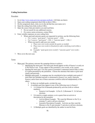  
	
  
95	
  
Coding Instructions
Procedure
1. Go to http://www.meta-activism.org/open-methods/. (All links are there).
2. Open your coding assignment sheet (link at above URL).
3. On the assignment sheet, click over to the tab that has your name on it.
4. Open the coding form (link at above URL).
5. Open the source links provided to you and read them.
• Do not search for any additional sources.
• If a source seems erroneous, contact Mary.
6. Enter variable responses on your coding form.
• Where goal and outcome quotes are requested in sections, use the following form:
o For 1 source: “goal quote"; "outcome quote" - URL
o For 2 sources: “goal quote" - URL 1; "outcome quote" - URL 2
o When you need to add your own words:
i. Place your own words outside the quotes as needed
ii. Place your own words in [brackets] to add a clarifying word within a
quote
iii. Example: “goal quote [own words]"; "outcome quote" own words -
URL
7. Move on to the next case.
Terms
• Main goal: The primary outcome the campaign desires to achieve.
o Identifying the main goal: The main goal should appear in title of Source1 or early on
in the Source1 text. It may appear in the journalist’s own words, or be a quote.
o Quoting the main goal: You may quote to journalist’s statement (article body or title)
or a quote presented by the journalists. Choose the utterance that states to goal most
clearly and precisely.
o Multiple main goals: A campaign may be considered to have multiple main goals if
more than one intended outcome is mentioned in Source1 (or, rarely, Outcome
Source), and at least one of those outcomes could be achieved independently of the
others.
§ In there are multiple goals, exclude the case.
§ A multiple goal may appear in any of the following ways in Source1:
• 1) A formal list of demands produced by activists (with or without
numbers)
o Numeric List Example: 1) Fire X. 2) Reinstate Y. 3) Call new
elections.
• 2) Listed in a single sentence, as in a quote from an activist or
description by the journalist.
o Activist Quote Example: “We want the Minister to fire X, to
reinstate Y, and to call new elections.”
o Journalist Description Example: Activists say they want the
Minister to fire X and reinstate Y and also to call new elections.
• 3) Multiple goals are identified by the author in non-list form.
 