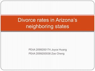 Divorce rates in Arizona’s
neighboring states

PE4A 2099200174 Joyce Huang
PE4A 2099200038 Zoe Cheng

 