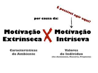 Motivação
Extrínseca
Motivação
Intríseva
por causa da:
X
Valores
do Indivíduo
(Ex: Autonomia, Maestria, Propósito)
Características
do Ambiente
É possível agir aqui?
 