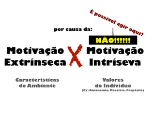 Motivação
Extrínseca
Motivação
Intríseva
por causa da:
X
Valores
do Indivíduo
(Ex: Autonomia, Maestria, Propósito)
Características
do Ambiente
É possível agir aqui?
NÃO!!!!!!
 
