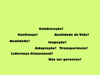 Colaboração?
Qualidade de Vida?Confiança?
Qualidade?
Transparência?
Inspeção?
Adaptação?
Liderança Situacional?
Não ter gerentes?
 