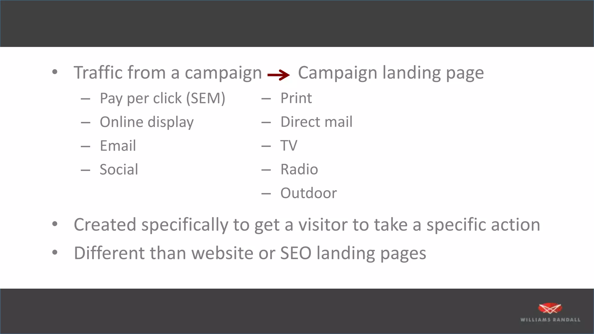 • Traffic from a campaign Campaign landing page
– Pay per click (SEM)
– Online display
– Email
– Social
• Created specifically to get a visitor to take a specific action
• Different than website or SEO landing pages
– Print
– Direct mail
– TV
– Radio
– Outdoor
 