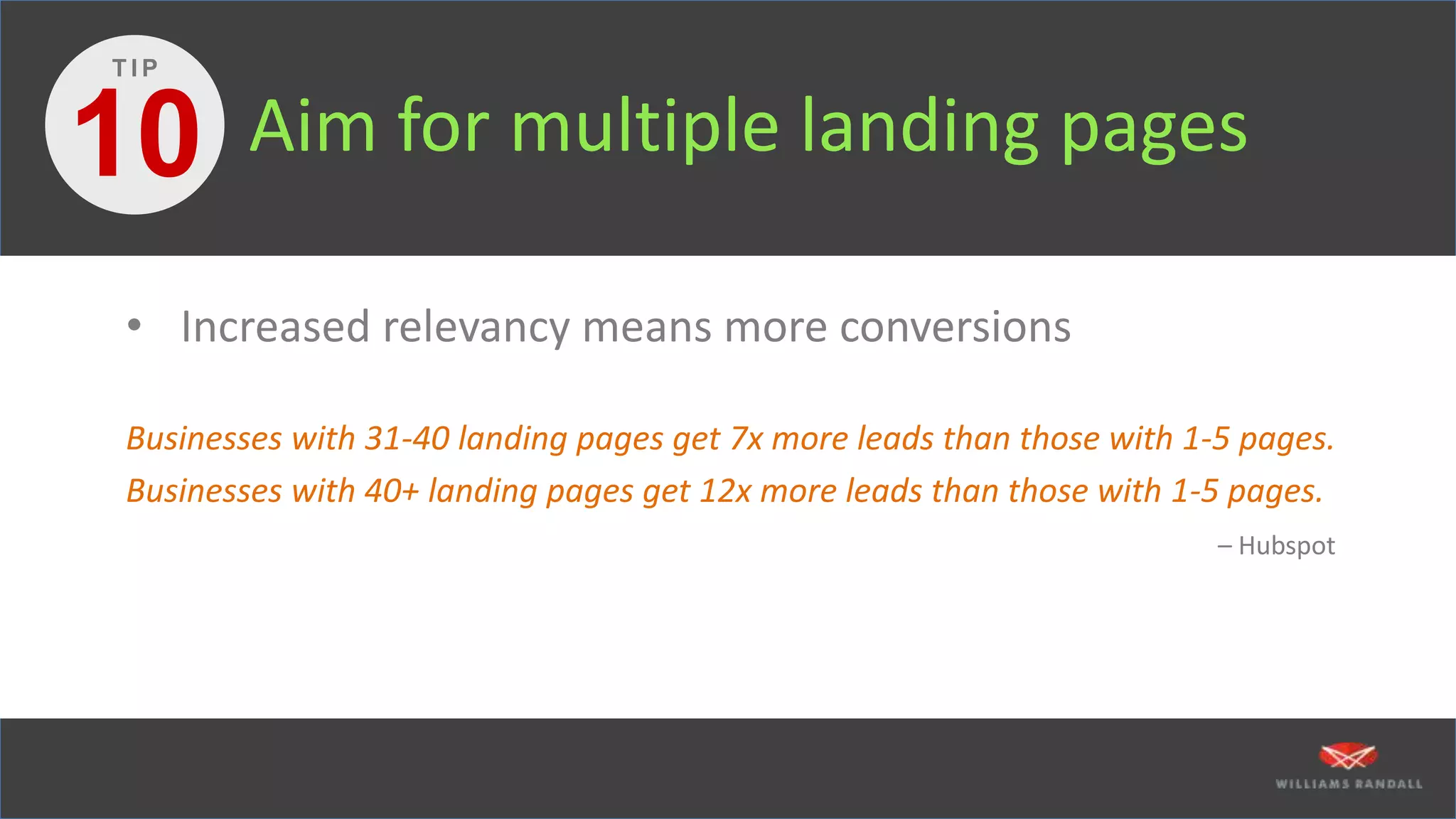 Aim for multiple landing pages
• Increased relevancy means more conversions
Businesses with 31-40 landing pages get 7x more leads than those with 1-5 pages.
Businesses with 40+ landing pages get 12x more leads than those with 1-5 pages.
– Hubspot
10
T I P
 