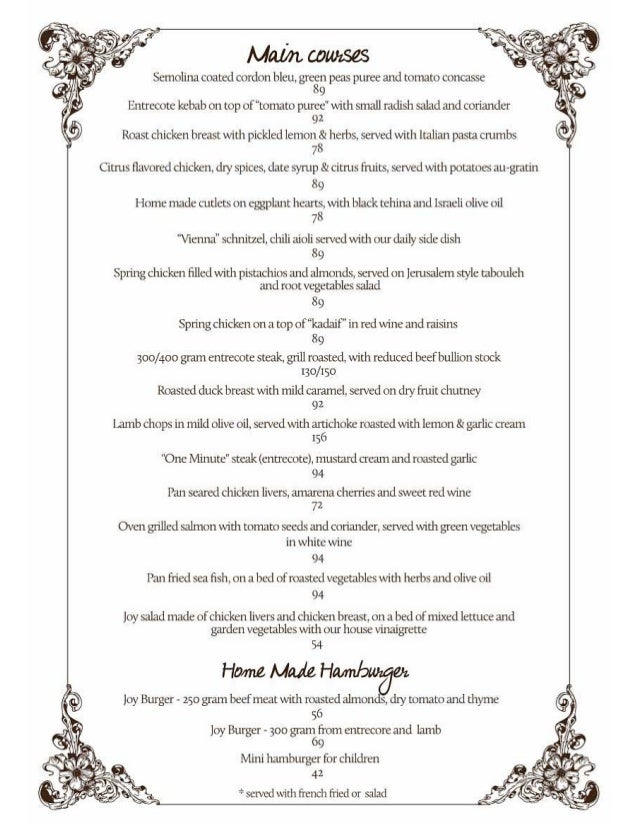 Joy english menu main course