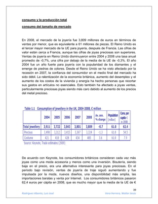 39
Rodríguez Abanto, Luis José Vera Herrera, Walter Jesús
consumo y la producción total
consumo del tamaño de mercado
En 2008, el mercado de la joyería fue 3,809 millones de euros en términos de
ventas por menor, que es equivalente a 61 millones de piezas. El Reino Unido es
el tercer mayor mercado de la UE para joyería, después de Francia. Las cifras de
valor están cerca a Francia, aunque las cifras de joyas preciosas son superiores.
Ventas de joyería en Reino Unido disminuyeron entre 2004 y 2008 una tasa anual
promedio de -0,7%, una cifra por debajo de la media de la UE de -0,3%. El año
2004 fue un año fuerte para joyería con la popularidad de los diamantes y el
emerge de piedras de colores. Desde el Reino Unido se ha visto afectado por la
recesión en 2007, la confianza del consumidor en el medio final del mercado ha
sido débil. La ralentización de la economía británica, aumento del desempleo y el
aumento de los costos de la vivienda y energía ha hecho personas que recortar
sus gastos en artículos no esenciales. Esto también ha afectado a joyas ventas,
particularmente preciosas joyas siendo más caro debido al aumento de los precios
del metal precioso.
De acuerdo con Keynote, los consumidores británicos consideran cada vez más
joyas como una moda accesoria y menos como una inversión. Bisutería, siendo
baja en el precio, era una alternativa interesante para joyas preciosas. En el
periodo bajo revisión, ventas de joyería de traje siguió aumentando y fue
impulsada por la moda, nuevos diseños, una disponibilidad más amplia, las
importaciones baratas y venta por Internet. Los consumidores británicos pasaron
62,4 euros per cápita en 2008, que es mucho mayor que la media de la UE de €
 