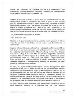 84
Rodríguez Abanto, Luis José Vera Herrera, Walter Jesús
Fuente: U.S. Department of Commerce and the U.S. International Trade
Commission *Consumo aparente = Producción + Importaciones – Exportaciones
(no se tiene en cuenta la variación de existencias)
Del total de consumo aparente, se puede decir que aproximadamente un 15%
corresponde a artículos de precio medio-alto, siendo el grueso de ellos copados
por las importaciones italianas (la joyería “made in Italy” supuso en 2006 unas
exportaciones cercanas a los 1.000 millones de dólares, de la que no toda es
joyería de diseño propiamente dicha, pero si una parte importante) y la
producción estadounidense de marcas de lujo. Ello supone que el tamaño del
mercado para la joyería de alto nivel sería cercano a los 1.600 millones de dólares.
1.2. Análisis de los componentes de la oferta
1.2.1 Producción Local
El sector de la joyería estadounidense es un sector maduro y su ciclo de vida se
encuentra en proceso de declive por las razones que desarrollaremos a
continuación.
Según el informe elaborado por Ibis World y actualizado en febrero de 2008, se
trata de una industria atomizada, con un nivel de concentración bajo. De hecho,
las cuatro empresas más importantes (Michael Anthony Jewelers Inc, Syratech
Corporation, Tiffany & Co and AAC Group Holding Corporation) representan
menos del 40% del total de ingresos de la industria. Las importaciones crecen
progresivamente cada año, sustituyendo poco a poco a la producción local.
Como resultado de la baja concentración, la industria americana de joyería es
altamente competitiva y las empresas se enfrentan con dificultad a los bajos
precios de las importaciones asiáticas.
En 2007, la joyería estadounidense registró una cifra de negocio de 8.300
millones de dólares, un 1,3% menos que en 2006. En ese mismo año la industria
contaba con 2.490 fabricantes de joyería y 34.637 empleados, una cifra que ha
ido disminuyendo año tras año con recortes de personal motivados por la
necesidad de reducir costes para hacer frente a la competencia asiática. Los
fabricantes suelen ser pequeñas empresas y están concentradas en el área de
Nueva York. Los principales costes a los que debe hacer frente la industria son
la compra de la materia prima y la contratación de trabajadores cualificados.
La joyería estadounidense compite en todos los segmentos de mercado, aunque
tiene importante presencia en el nivel más bajo con joyas estándar
 
