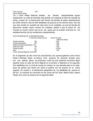 99
Rodríguez Abanto, Luis José Vera Herrera, Walter Jesús
Centro comercial 9,8%
Fuente: National Jeweler
Tal y como refleja National Jeweler, las tiendas independientes siguen
acaparando la cuota de mercado más grande con respecto al resto de canales de
venta, a pesar de la disminución del número de tiendas de estas características
(en 2003 cerraron más de 500 detallistas de joyería) en los últimos años. Son las
que más venden en cuestión de valor pero no en unidades, ya que las tiendas de
descuento venden mayor número de unidades, debido a que el precio de las
mismas es mucho menor que el de las joyas que se pueden encontrar en los
establecimientos de los vendedores independientes.
CUOTA DE MERCADO DE LA DISTRIBUCIÓN (2004)
% Total de las ventas en EE.UU. Volumen de ventas
(Millones de dólares
Grandes almacenes 29% 2.500
Tiendas especializadas 20% 1.600
Cadenas de tiendas especializadas 14% 1.000
Venta al por mayor 18% 1.500
Tiendas de joyería 4% 315.000
Otros 15% 1.020
Fuente: Accesories Magazine, Enero 2006
En el segmento de alto nivel nos encontramos con joyerías-galerías como Aaron
Faber o Michael Eigen en Nueva York. Joyerías de reducido tamaño pero
con una selecta gama de productos, entre los que podemos encontrar algún
español como el caso de Enric Majoral en el primero o Masriera en el segundo.
Son detallistas con un nivel de ventas en número no muy elevado pero sí en valor,
pues las piezas que tienen de venta al público son de precios en el tramo
superior. En cuanto a la distribución geográfica de los detallistas de joyería en
EE.UU., la industria se concentra en las zonas del Sur Este, Medio Este y lejano
Oeste, tal y como se observa en la siguiente tabla.
 