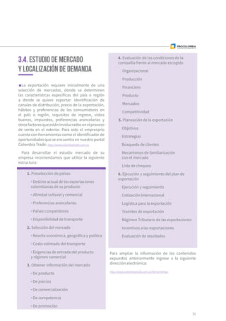 31
La exportación requiere inicialmente de una
selección de mercados, donde se determinen
las características específicas del país o región
a donde se quiere exportar: identificación de
canales de distribución, precio de la exportación,
hábitos y preferencias de los consumidores en
el país o región, requisitos de ingreso, vistos
buenos, impuestos, preferencias arancelarias y
otrosfactoresqueestáninvolucradosenelproceso
de venta en el exterior. Para esto el empresario
cuenta con herramientas como el identificador de
oportunidades que se encuentra en nuestro portal
Colombia Trade: http://www.colombiatrade.com.co
Para desarrollar el estudio mercado de su
empresa recomendamos que utilice la siguiente
estructura:
Para ampliar la información de los contenidos
expuestos anteriormente ingrese a la siguiente
dirección electrónica:
http://www.colombiatrade.com.co/herramientas
3.4. Estudio de mercado
y localización de demanda
1. Preselección de países
· Destino actual de las exportaciones
colombianas de su producto
· Afinidad cultural y comercial
· Preferencias arancelarias
· Países competidores
· Disponibilidad de transporte
2. Selección del mercado
· Reseña económica, geográfica y política
· Costo estimado del transporte
· Exigencias de entrada del producto
y régimen comercial
3. Obtener información del mercado
· De producto
· De precios
· De comercialización
· De competencia
· De promoción
4. Evaluación de las condiciones de la
compañía frente al mercado escogido
Organizacional
Producción
Financiero
Producto
Mercadeo
Competitividad
5. Planeación de la exportación
Objetivos
Estrategias
Búsqueda de clientes
Mecanismos de familiarización
con el mercado
Lista de chequeo
6. Ejecución y seguimiento del plan de
exportación
Ejecución y seguimiento
Cotización Internacional
Logística para la exportación
Tramites de exportación
Régimen Tributario de las exportaciones
Incentivos a las exportaciones
Evaluación de resultados
 