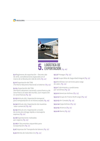Logística de
Exportación [Pg. 40]
5.1 Regímenes de exportación – Decreto 390
de 2016, consideraciones especiales en el
marco de la Resolución 058 de 2016 [Pg. 42]
5.1.1 Exportación del TAN
(Territorio Aduanero Nacional) al exterior [Pg. 42]
5.1.2. Exportación del TAN
(territorio aduanero nacional) a zona franca y de
zona franca al resto del mundo, (con inspección
en zona franca) [Pg. 44]
5.1.3 Artículo 362. Exportación temporal
para reimportación en el mismo estado [Pg. 49]
5.1.4 Artículo 355. Exportación de muestras
valor comercial [Pg. 49]
5.1.5 Artículo 372. Exportación a través
de envíos de entrega rápida o mensajería
expresa	 [Pg. 50]
5.1.6 Exportaciones realizadas
por viajeros [Pg. 50]
5.1.6.1	 Documentos requeridos para
la exportación [Pg. 51]
5.2 Empresas de Transporte de Valores [Pg. 52]
5.2.1 Brinks de Colombia S.A [Pg. 52]
5.
5.2.2 Prosegur [Pg. 52]
5.2.3 Grupo Atlas de Seguridad Integral [Pg. 53]
5.3 Aerolíneas con servicios para carga
de valor. [Pg. 53]	
5.3.1 Cubrimiento y condiciones
por aerolínea [Pg. 53]
5.3.1.1 American Airlines [Pg. 53]
5.3.1.2 Grupo Air France KLM Cargo [Pg. 54]
5.3.1.3	Air Canada [Pg. 54]
5.3.1.4	Copa Airlines [Pg. 55]
5.3.1.5	Avianca [Pg. 55]
5.3.1.6	Iberia [Pg. 55]	
 
