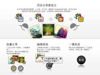 乐目为你提供新浪微博，人人网，开心网，搜狐四个站点的同步功能。你可以将中
         意的照片同时发送到这四个站点，让更多的人看到你的生活和创意！




一次只分享一张照片，不够痛快    分享照片的同时，还可以为照片     照片和文字都准备好了？点击发
吧？                配以文字。让大家了解照片里的     送按钮，所有分享一键搞定！
在乐目中，照片可以批量分享，    故事和你的感受。
而且没有数量限制。


                      小米喜欢晒太阳，懒
                      洋洋的太可爱了！               发送
 