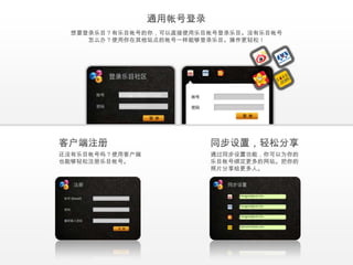 想要登录乐目？有乐目帐号的你，可以直接使用乐目帐号登录乐目。没有乐目帐号
     怎么办？使用你在其他站点的帐号一样能够登录乐目。操作更轻松！




还没有乐目帐号吗？使用客户端           通过同步设置功能，你可以为你的
也能够轻松注册乐目帐号。             乐目帐号绑定更多的网站。把你的
                         照片分享给更多人。
 